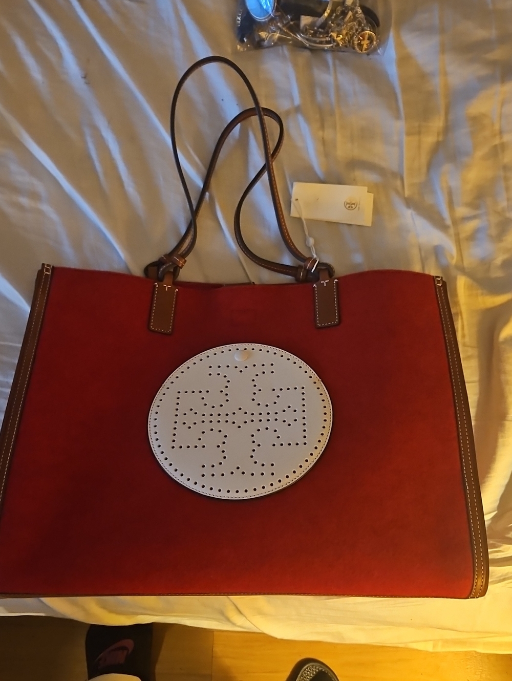 Tory Burch Red Suede Tote with White Perforated Logo